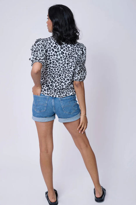 Scamp & Dude: White with Black Floral Leopard Pintuck Sleeve T-Shirt