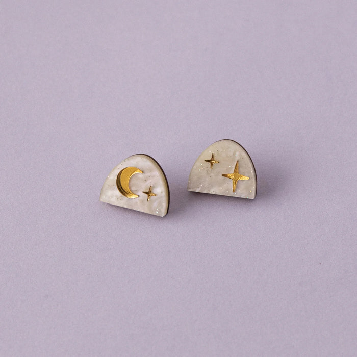Pepper You: Moon Rising Arc Studs in White Marble