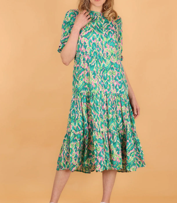 Abstract Print 3/4 Sleeve Classic Midi Tiered Dress in Green