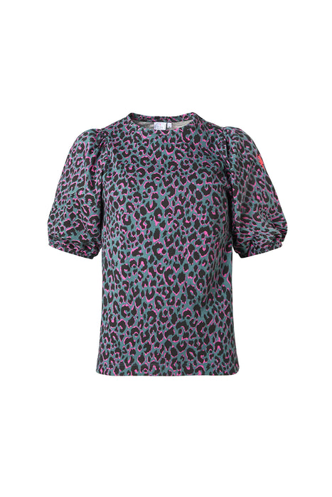 Scamp & Dude: Green with Pink and Black Shadow Leopard Puff Sleeve T-Shirt