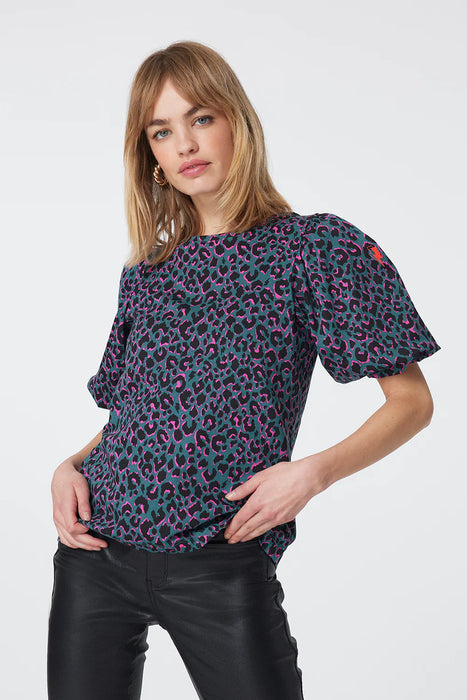 Scamp & Dude: Green with Pink and Black Shadow Leopard Puff Sleeve T-Shirt