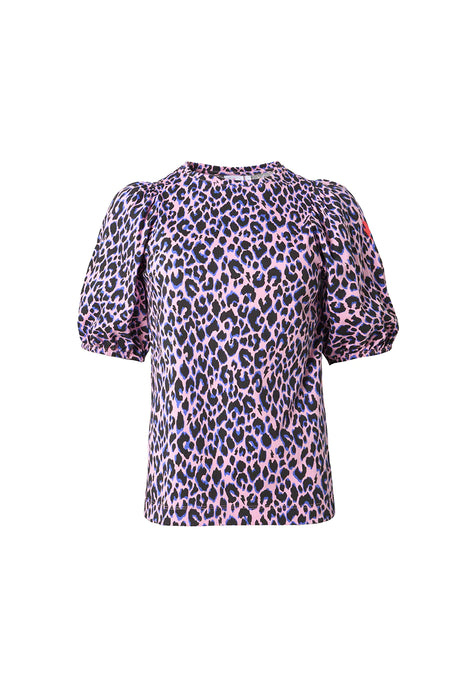 Scamp & Dude: Pink with Blue and Black Shadow Leopard Puff Sleeve T-Shirt