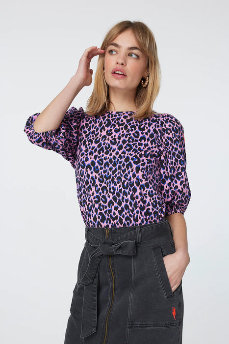 Scamp & Dude: Pink with Blue and Black Shadow Leopard Puff Sleeve T-Shirt