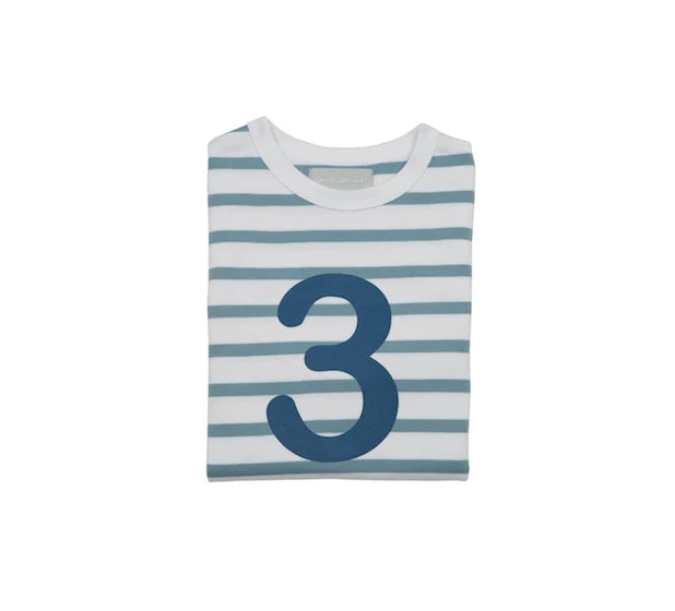 Bob & Blossom: Ocean Blue & White Breton Striped Number 3 T Shirt