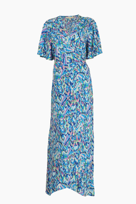 Abstract Print Short Sleeve Dipped Hem Maxi Wrap Dress in Blue
