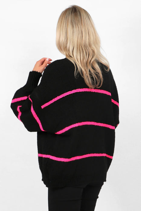 Black Fuchsia Wool Blend Cardigan With Thin Stripe