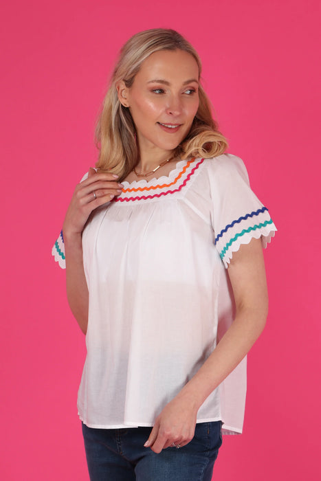 Colourful Wavy Trim Cotton Smock Top in White