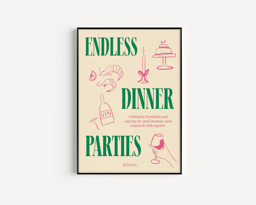 Endless Dinner Parties Print -green/pink - A4