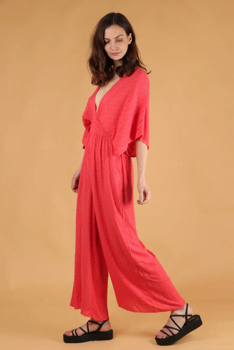 Wide Leg Flared Dobby Jumpsuit Deep V-neck Gold Metallic Stripe in Coral
