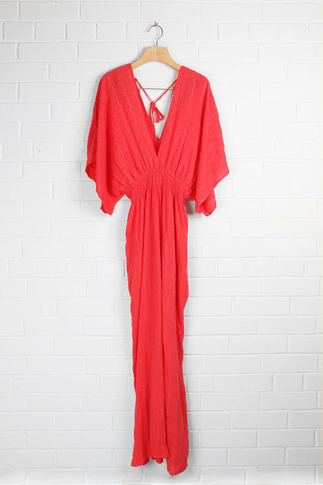 Wide Leg Flared Dobby Jumpsuit Deep V-neck Gold Metallic Stripe in Coral