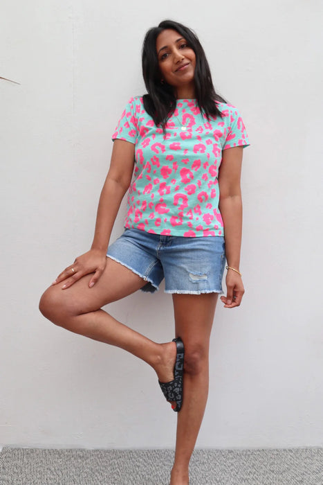 Scamp & Dude: Green with Neon Pink Leopard T-Shirt