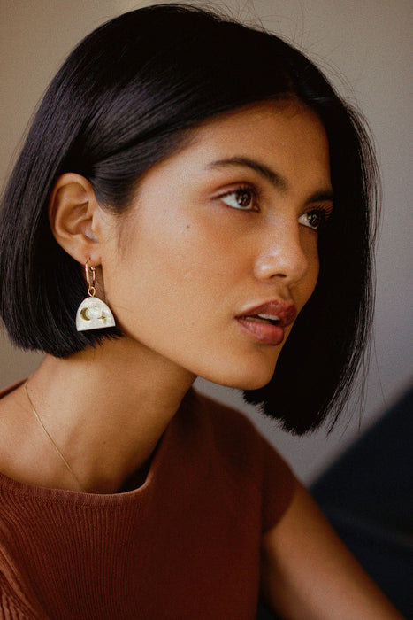 Pepper You: Moon Rising Arc Hoops in White Marble & Gold