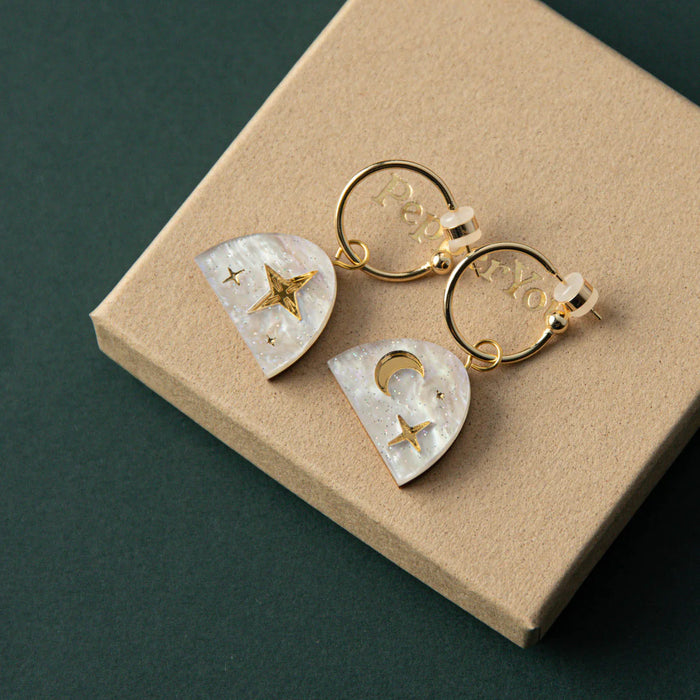 Pepper You: Moon Rising Arc Hoops in White Marble & Gold