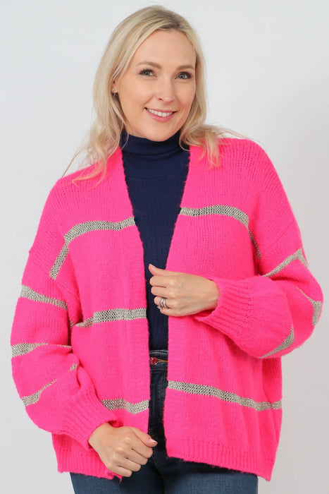 Neon Pink Cardigan with Thin Gold Stripe
