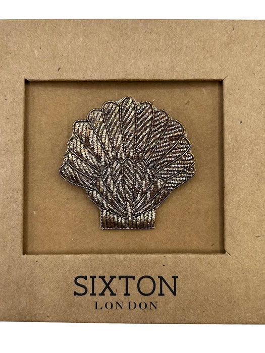 Sixton London: Gold Shell Pin / Embroidered Brooch