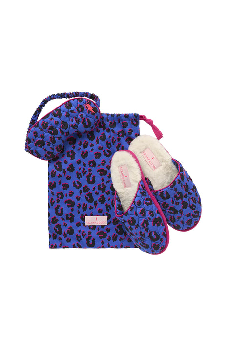 Scamp & Dude: Blue with Black and Pink Shadow Leopard Eye Mask and Slipper Set
