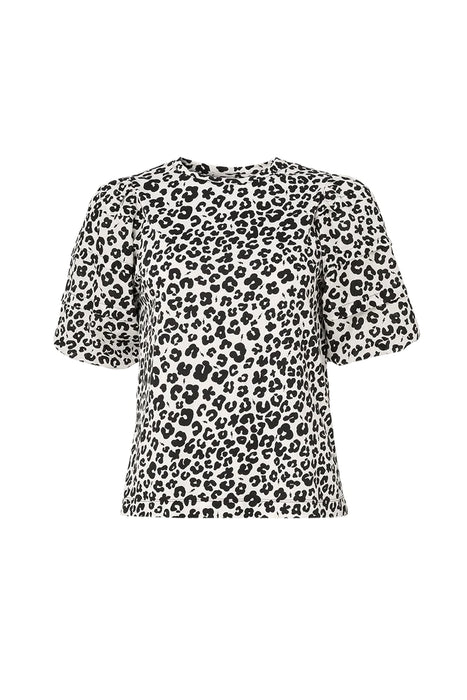 Scamp & Dude: White with Black Floral Leopard Pintuck Sleeve T-Shirt