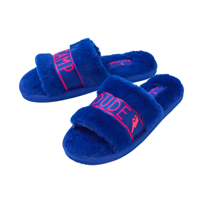 Scamp & Dude: Faux fur slider slippers in electric blue