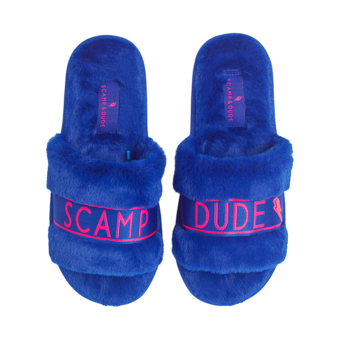 Scamp & Dude: Faux fur slider slippers in electric blue