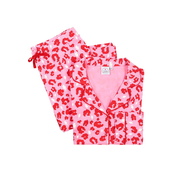 Scamp & Dude: Adults Pyjamas - Pink with red leopard and lightning bolt