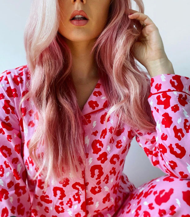 Scamp & Dude: Adults Pyjamas - Pink with red leopard and lightning bolt