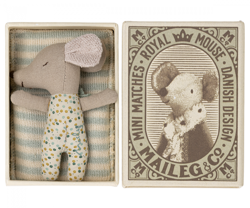 Maileg: Sleepy/wakey baby mouse in matchbox - Blue